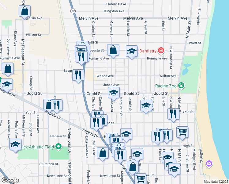 map of restaurants, bars, coffee shops, grocery stores, and more near 1111 Jones Avenue in Racine