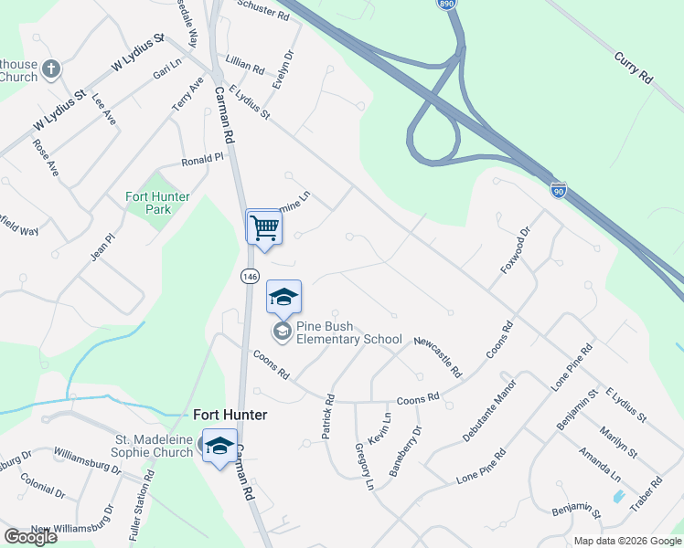 map of restaurants, bars, coffee shops, grocery stores, and more near 3406 Bridle Pathway in Schenectady