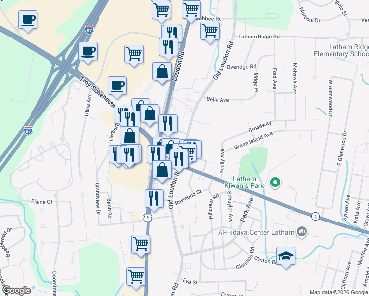 map of restaurants, bars, coffee shops, grocery stores, and more near 209 Old Loudon Road in Latham