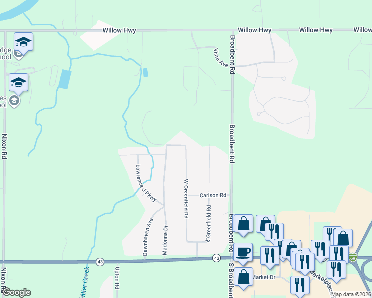 map of restaurants, bars, coffee shops, grocery stores, and more near 12323 West Greenfield Road in Lansing