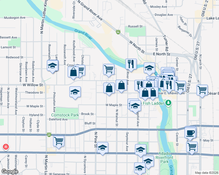 map of restaurants, bars, coffee shops, grocery stores, and more near 423 West Willow Street in Lansing