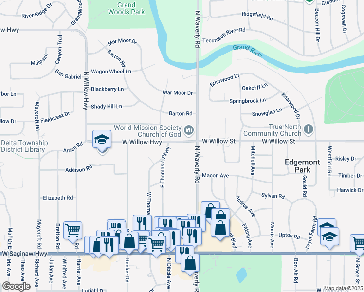 map of restaurants, bars, coffee shops, grocery stores, and more near 3907 West Willow Highway in Lansing