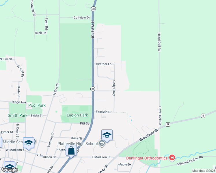 map of restaurants, bars, coffee shops, grocery stores, and more near 805 Country Club Court in Platteville