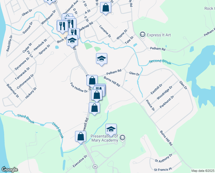 map of restaurants, bars, coffee shops, grocery stores, and more near 1 Burns Hill Road in Hudson