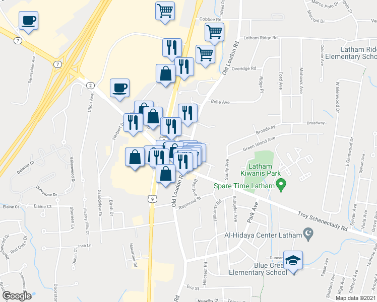 map of restaurants, bars, coffee shops, grocery stores, and more near 209 Old Loudon Road in Latham