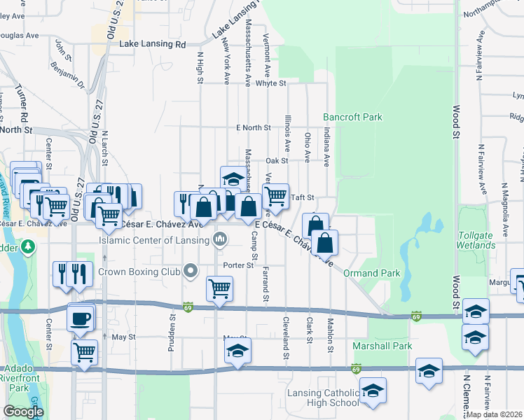 map of restaurants, bars, coffee shops, grocery stores, and more near 1304 Massachusetts Avenue in Lansing