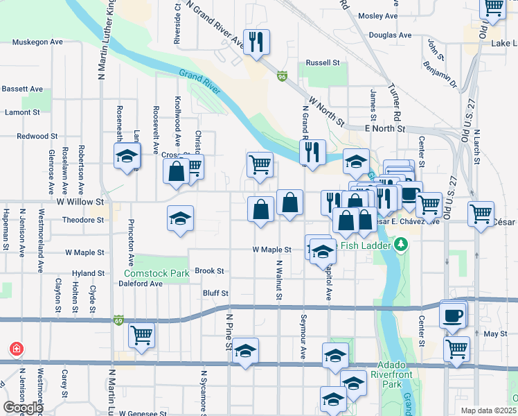 map of restaurants, bars, coffee shops, grocery stores, and more near 423 West Willow Street in Lansing