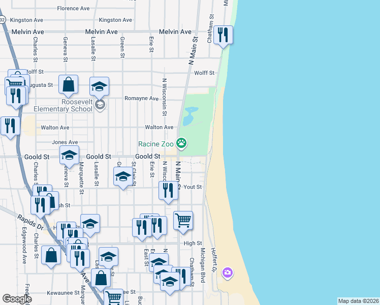 map of restaurants, bars, coffee shops, grocery stores, and more near in Racine