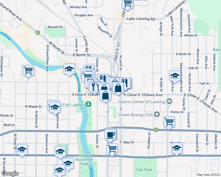 map of restaurants, bars, coffee shops, grocery stores, and more near 500 Liberty St in Lansing