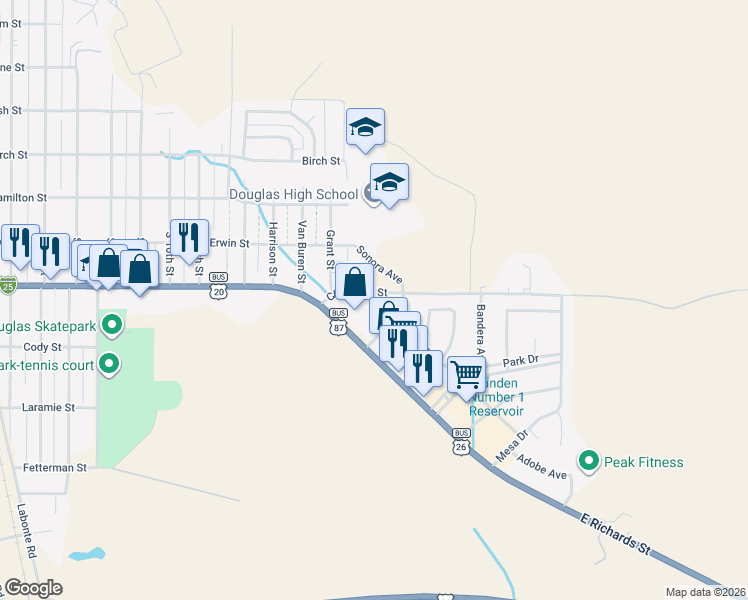map of restaurants, bars, coffee shops, grocery stores, and more near 1629 Cheyenne Street in Douglas