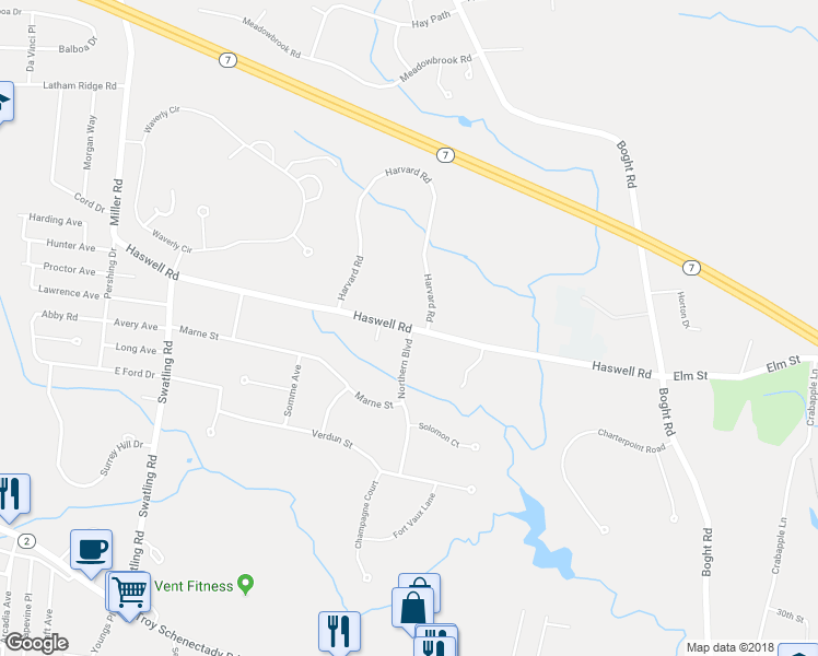 map of restaurants, bars, coffee shops, grocery stores, and more near 1 Northern Boulevard in Watervliet