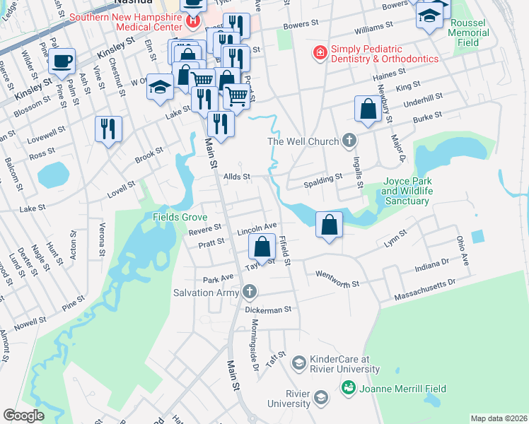 map of restaurants, bars, coffee shops, grocery stores, and more near 2 Circle Avenue in Nashua