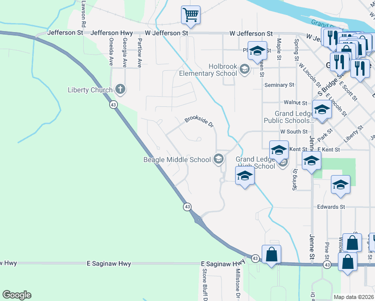 map of restaurants, bars, coffee shops, grocery stores, and more near 1035 Gretchen Lane in Grand Ledge