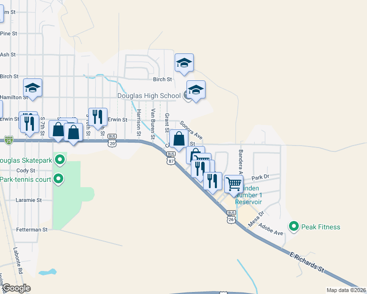 map of restaurants, bars, coffee shops, grocery stores, and more near 1629 Cheyenne St in Douglas