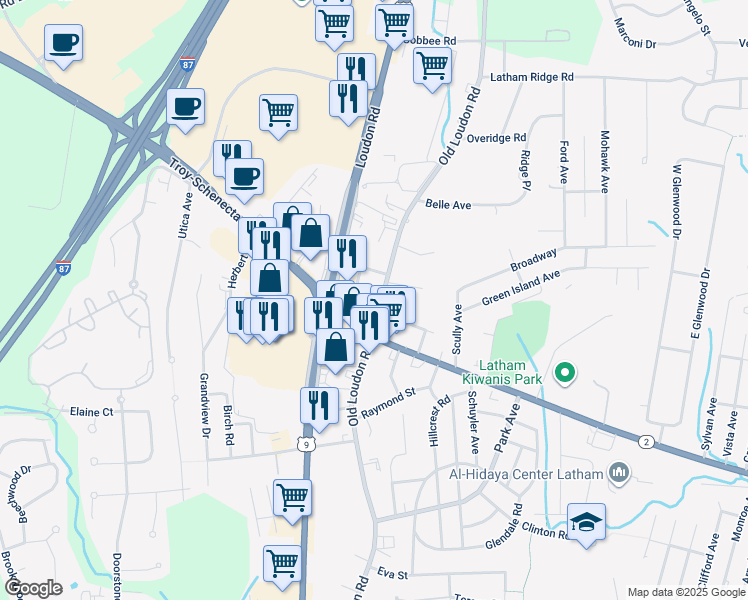 map of restaurants, bars, coffee shops, grocery stores, and more near 210 Old Loudon Road in Latham