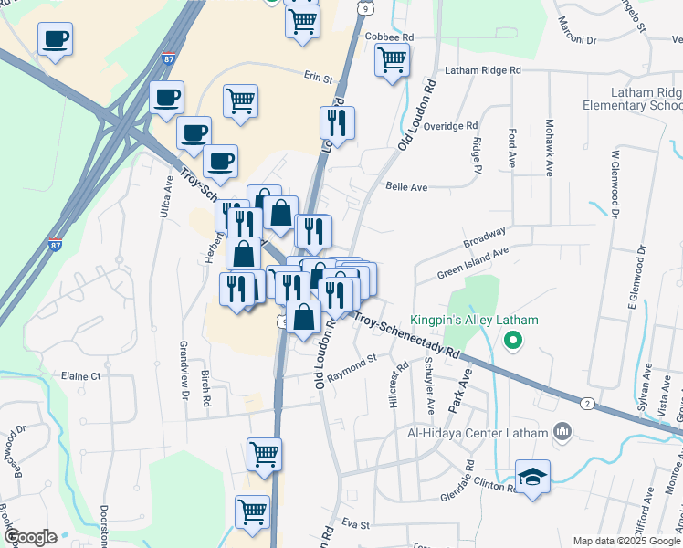 map of restaurants, bars, coffee shops, grocery stores, and more near 210 Old Loudon Road in Latham