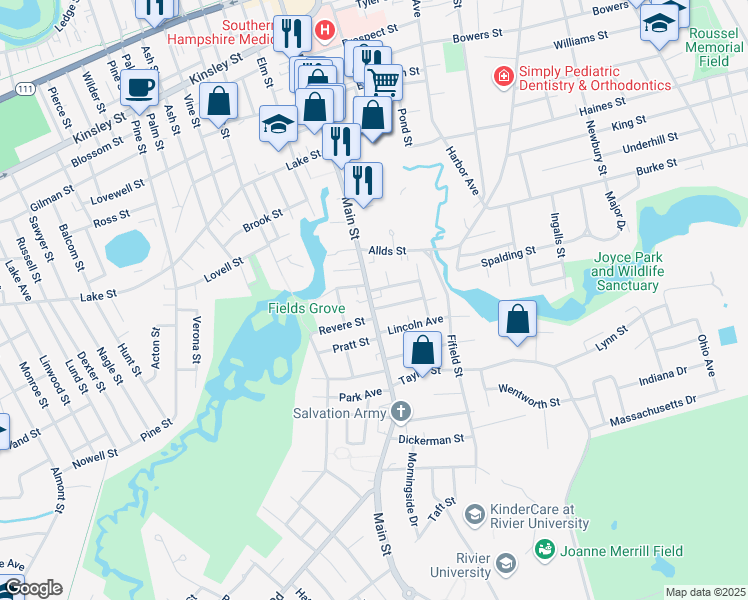 map of restaurants, bars, coffee shops, grocery stores, and more near 348 Main Street in Nashua