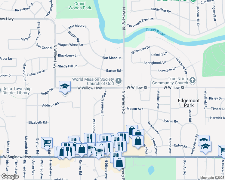 map of restaurants, bars, coffee shops, grocery stores, and more near 3907 West Willow Highway in Lansing