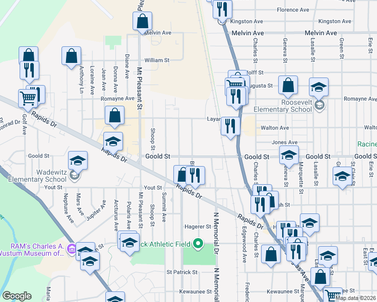 map of restaurants, bars, coffee shops, grocery stores, and more near 2120 Blake Avenue in Racine