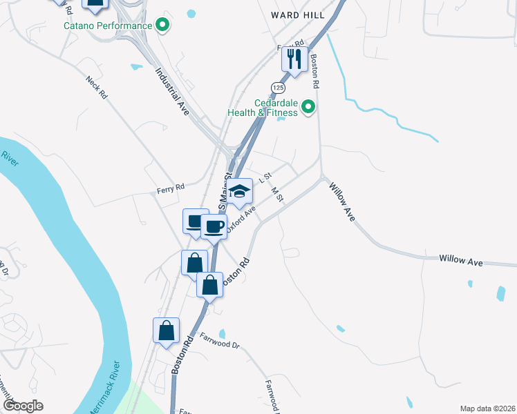 map of restaurants, bars, coffee shops, grocery stores, and more near 27 S Street in Haverhill