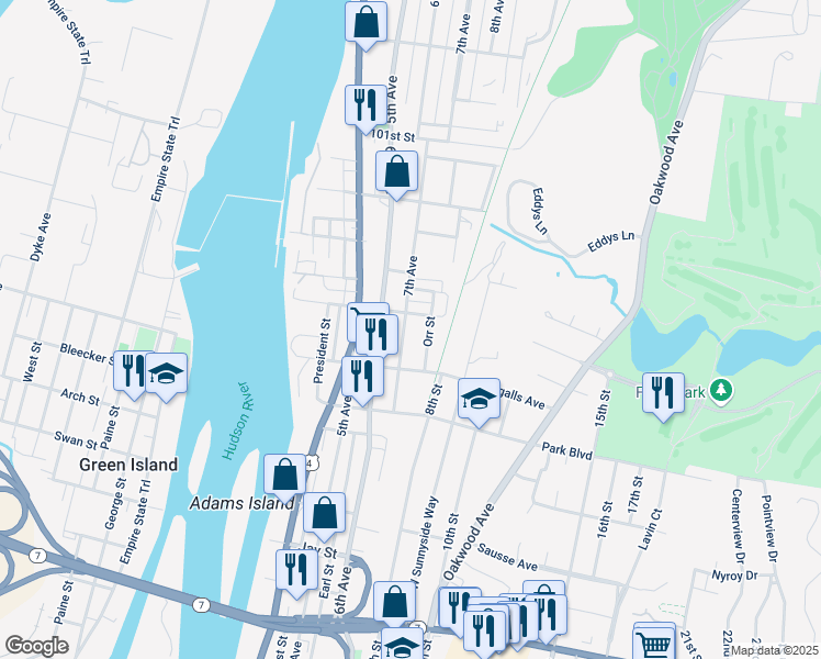 map of restaurants, bars, coffee shops, grocery stores, and more near 76 Douw Street in Troy