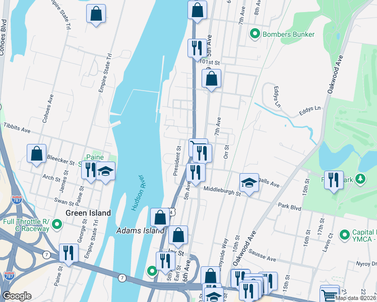 map of restaurants, bars, coffee shops, grocery stores, and more near in Troy