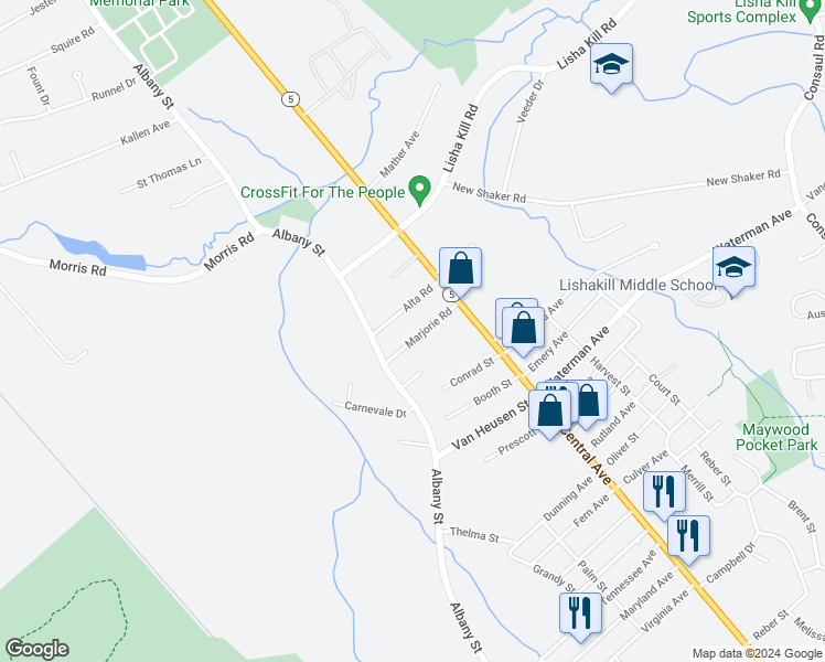map of restaurants, bars, coffee shops, grocery stores, and more near 8 Alta Road in Albany