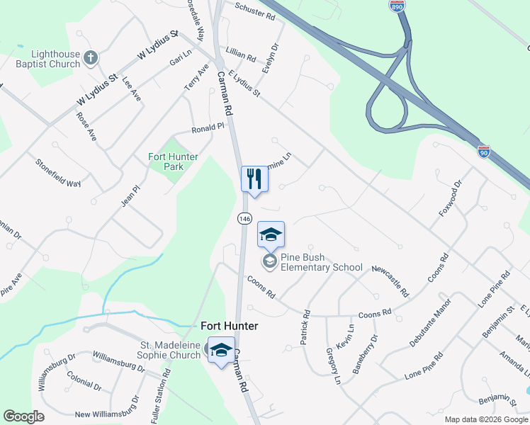 map of restaurants, bars, coffee shops, grocery stores, and more near 3403 Carman Road in Schenectady