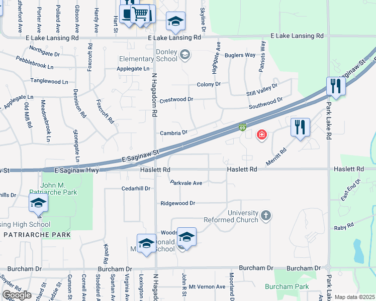 map of restaurants, bars, coffee shops, grocery stores, and more near 1637 Greencrest Avenue in East Lansing