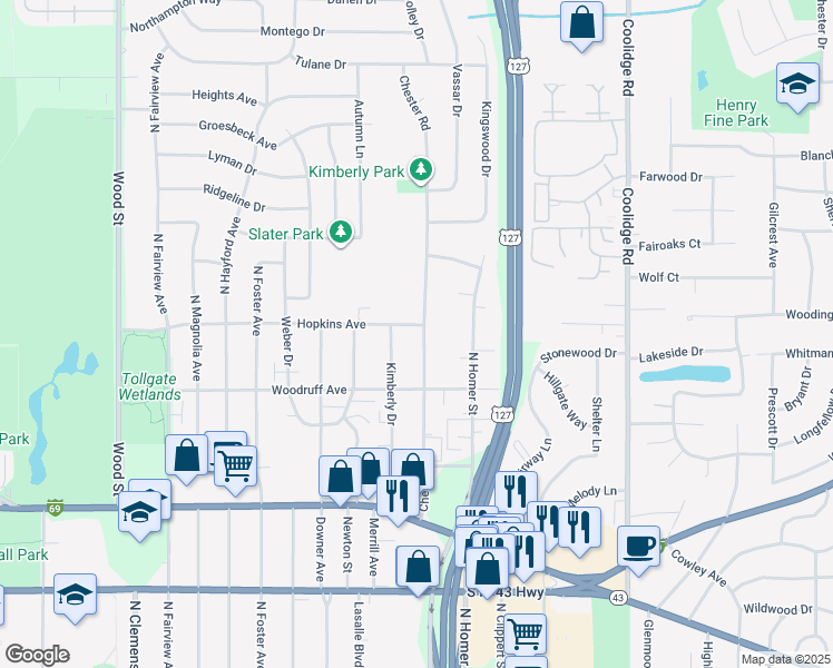 map of restaurants, bars, coffee shops, grocery stores, and more near 1305 Chester Road in Lansing