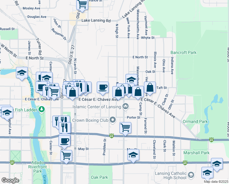map of restaurants, bars, coffee shops, grocery stores, and more near 1304 North High Street in Lansing