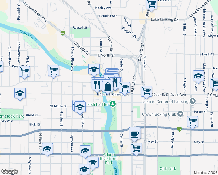 map of restaurants, bars, coffee shops, grocery stores, and more near 1223 Turner Road in Lansing