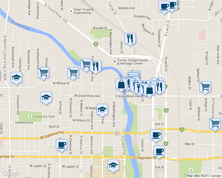 map of restaurants, bars, coffee shops, grocery stores, and more near 1232 North Washington Avenue in Lansing