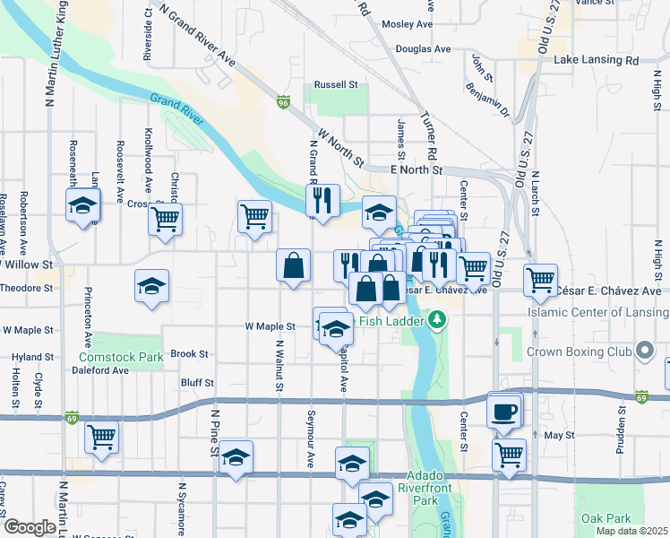 map of restaurants, bars, coffee shops, grocery stores, and more near 1228 North Capitol Avenue in Lansing