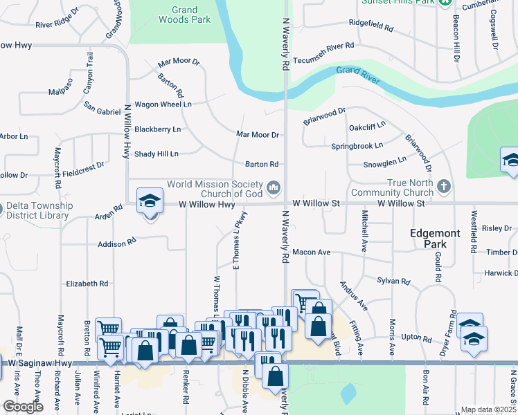 map of restaurants, bars, coffee shops, grocery stores, and more near 3907 West Willow Highway in Lansing