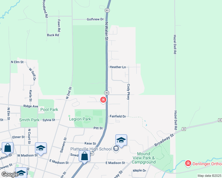 map of restaurants, bars, coffee shops, grocery stores, and more near 1425 North Water Street in Platteville