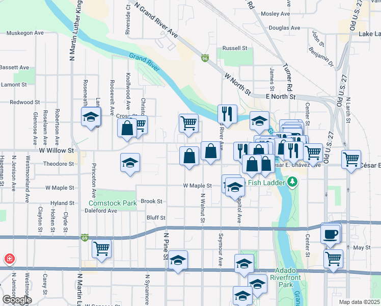 map of restaurants, bars, coffee shops, grocery stores, and more near 423 West Willow Street in Lansing