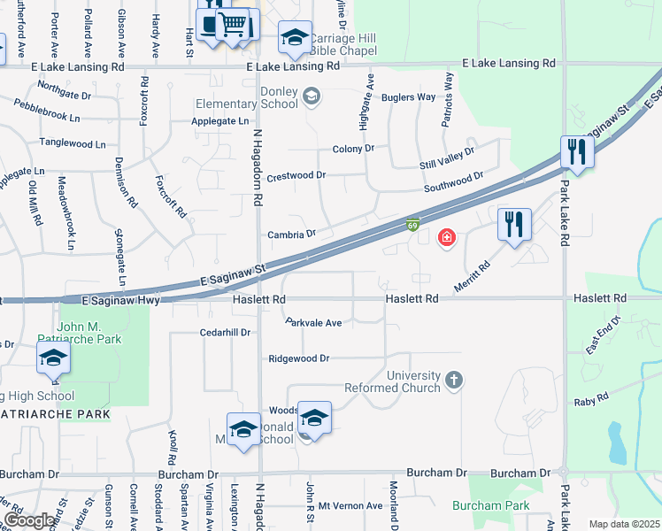 map of restaurants, bars, coffee shops, grocery stores, and more near 1637 Greencrest Avenue in East Lansing