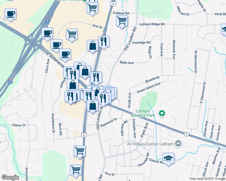 map of restaurants, bars, coffee shops, grocery stores, and more near 4 Marlyn Drive in Latham