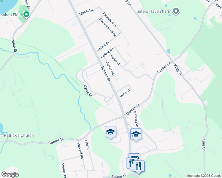 map of restaurants, bars, coffee shops, grocery stores, and more near 187 School Street in Groveland