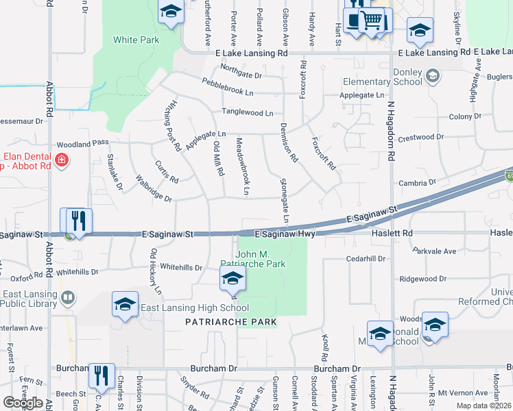 map of restaurants, bars, coffee shops, grocery stores, and more near 918 Walbridge Drive in East Lansing