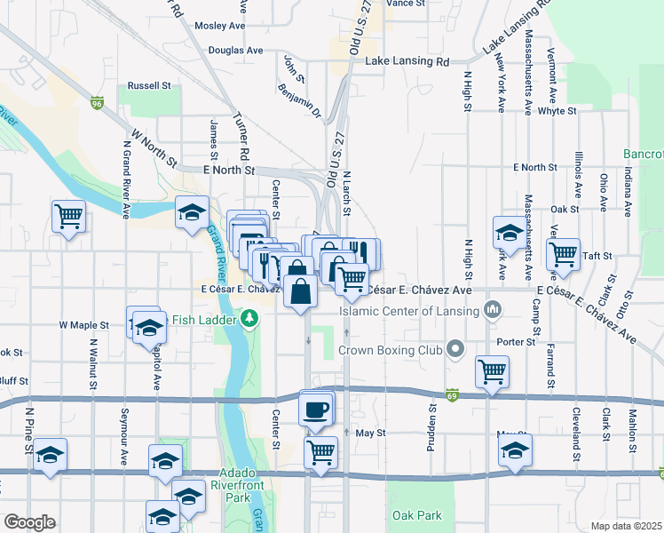 map of restaurants, bars, coffee shops, grocery stores, and more near 500 Liberty Street in Lansing