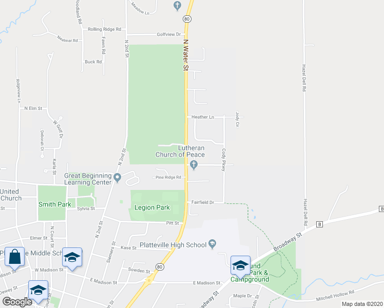 map of restaurants, bars, coffee shops, grocery stores, and more near 1425 North Water Street in Platteville