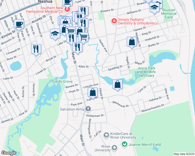 map of restaurants, bars, coffee shops, grocery stores, and more near 2 Circle Avenue in Nashua