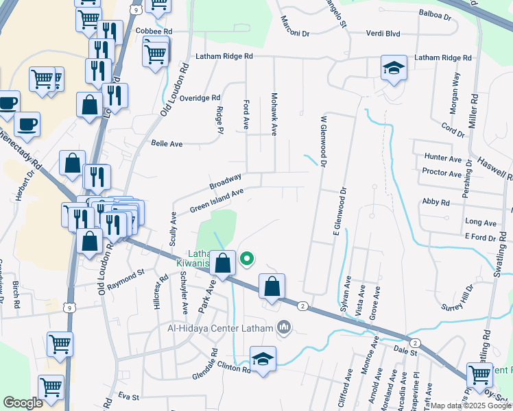 map of restaurants, bars, coffee shops, grocery stores, and more near 37 Latham Village Lane in Latham