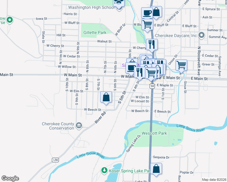 map of restaurants, bars, coffee shops, grocery stores, and more near in Cherokee