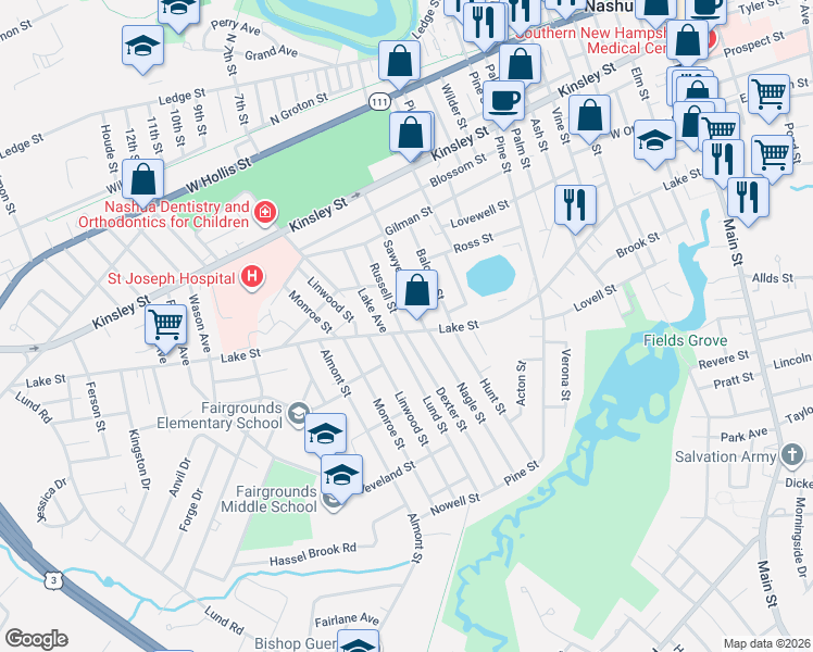 map of restaurants, bars, coffee shops, grocery stores, and more near 67 Sawyer Street in Nashua