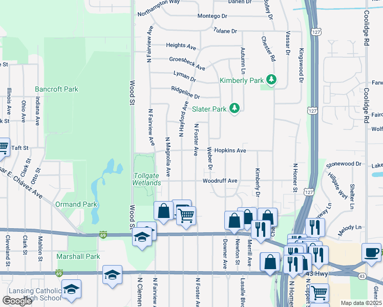 map of restaurants, bars, coffee shops, grocery stores, and more near 2407 Hopkins Avenue in Lansing