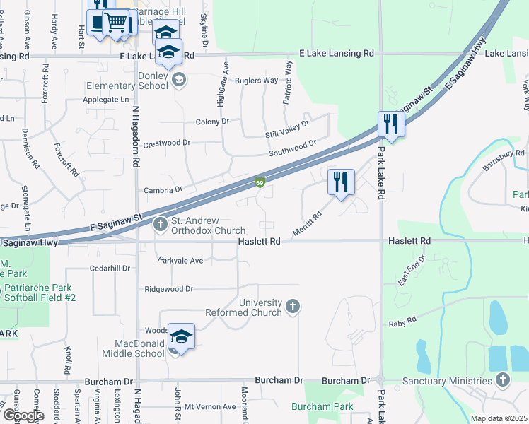 map of restaurants, bars, coffee shops, grocery stores, and more near 1253 Deer Path Lane in East Lansing