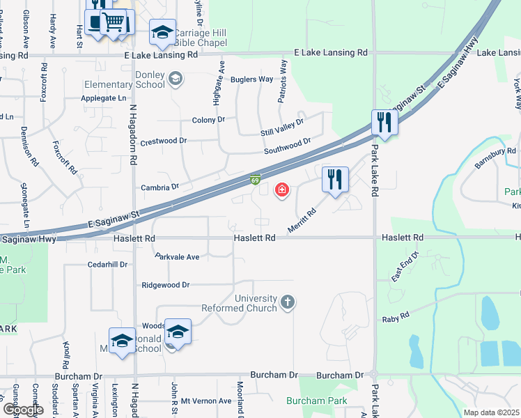 map of restaurants, bars, coffee shops, grocery stores, and more near 1253 Deer Path Lane in East Lansing